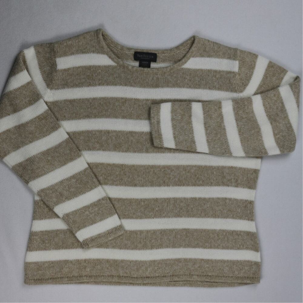 Van Heusen Womens XL Sweater Beige Cream Stripe Crewneck Long Sleeve Soft Knit